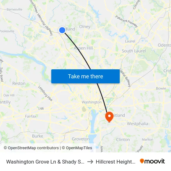 Washington Grove Ln & Shady Spring Dr to Hillcrest Heights, MD map