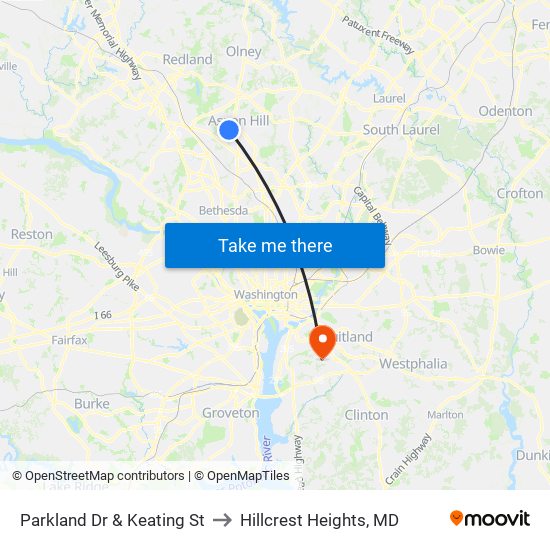 Parkland Dr & Keating St to Hillcrest Heights, MD map