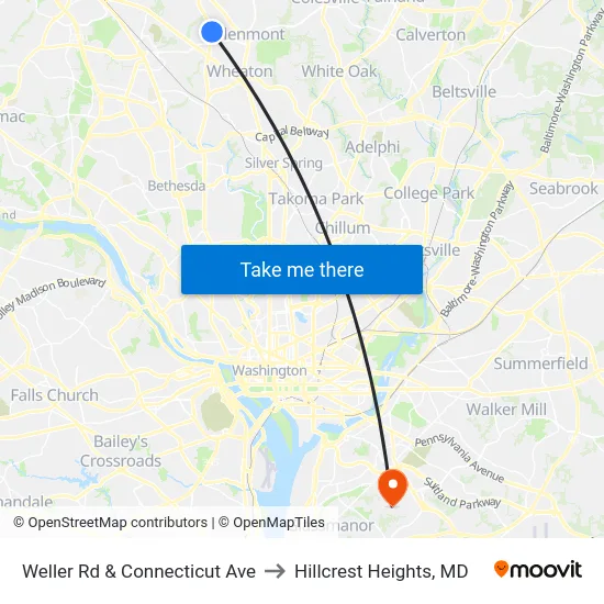 Weller Rd & Connecticut Ave to Hillcrest Heights, MD map