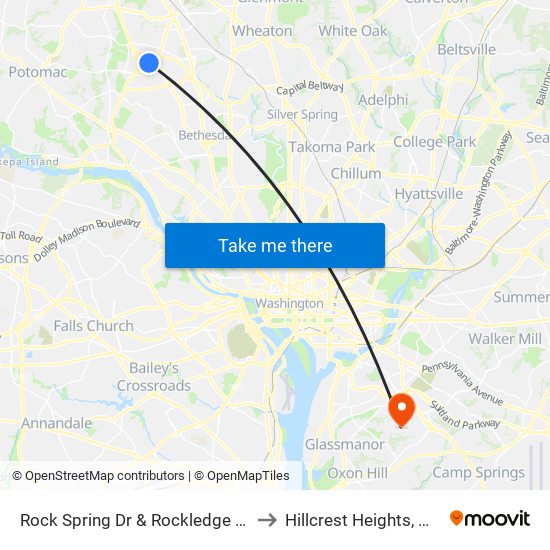 Rock Spring Dr & Rockledge Dr to Hillcrest Heights, MD map