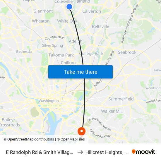 E Randolph Rd & Smith Village Rd to Hillcrest Heights, MD map
