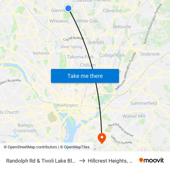 Randolph Rd & Tivoli Lake Blvd to Hillcrest Heights, MD map