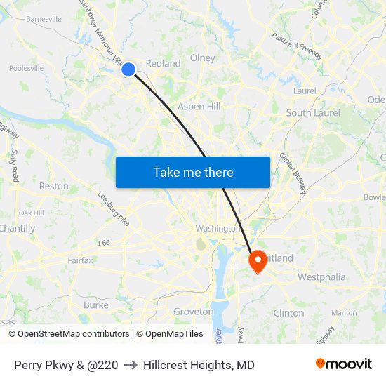 Perry Pkwy & @220 to Hillcrest Heights, MD map