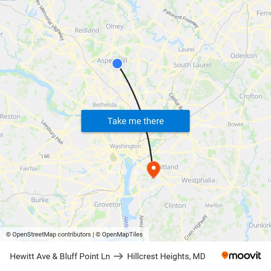 Hewitt Ave & Bluff Point Ln to Hillcrest Heights, MD map