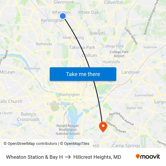 Wheaton Station & Bay H to Hillcrest Heights, MD map