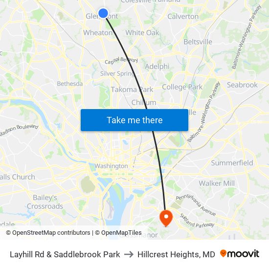 Layhill Rd & Saddlebrook Park to Hillcrest Heights, MD map
