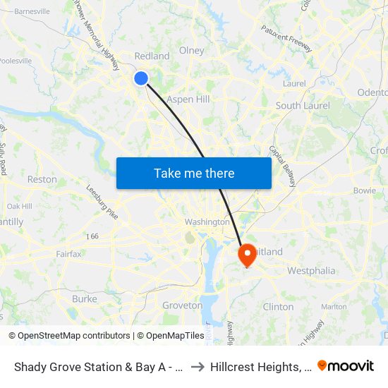 Shady Grove Station & Bay A - West to Hillcrest Heights, MD map