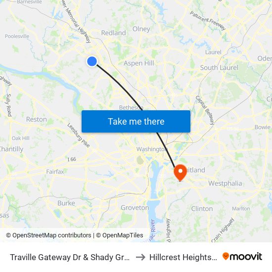 Traville Gateway Dr & Shady Grove Rd to Hillcrest Heights, MD map