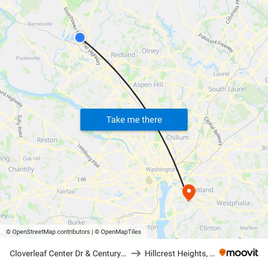 Cloverleaf Center Dr & Century Blvd to Hillcrest Heights, MD map