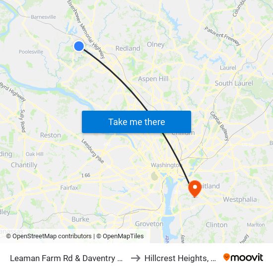 Leaman Farm Rd & Daventry Way to Hillcrest Heights, MD map