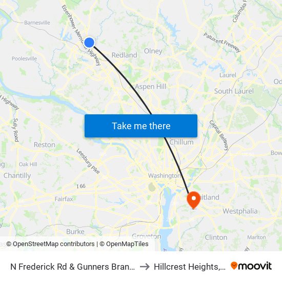 N Frederick Rd & Gunners Branch Rd to Hillcrest Heights, MD map