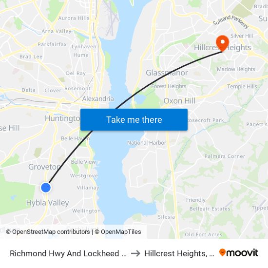 Richmond Hwy And Lockheed Blvd to Hillcrest Heights, MD map