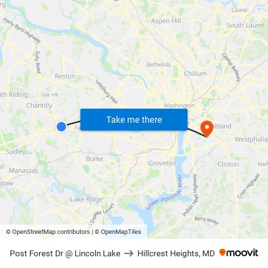 Post Forest Dr And Lincoln Lake to Hillcrest Heights, MD map