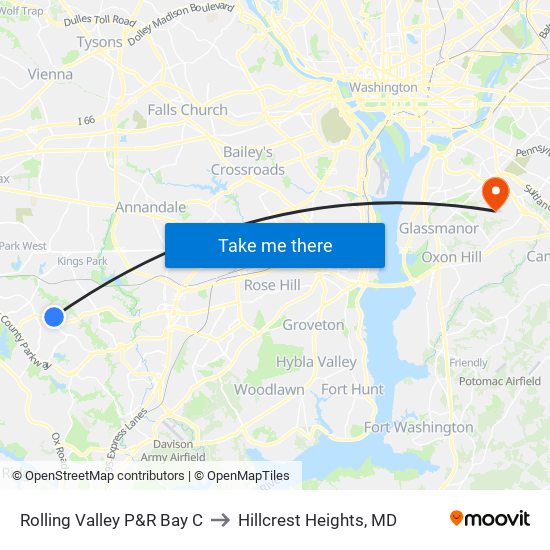 Rolling Valley P&R Bay C to Hillcrest Heights, MD map