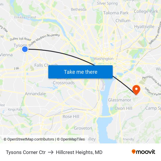 Tysons Corner Ctr to Hillcrest Heights, MD map