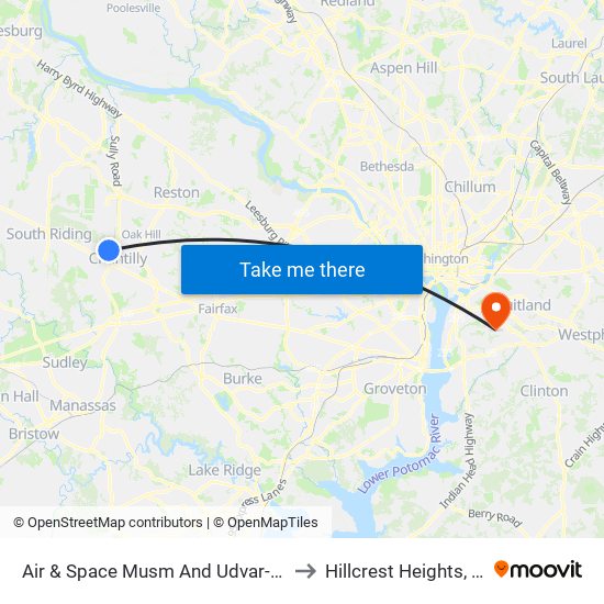 Air & Space Musm And Udvar-Hazy to Hillcrest Heights, MD map