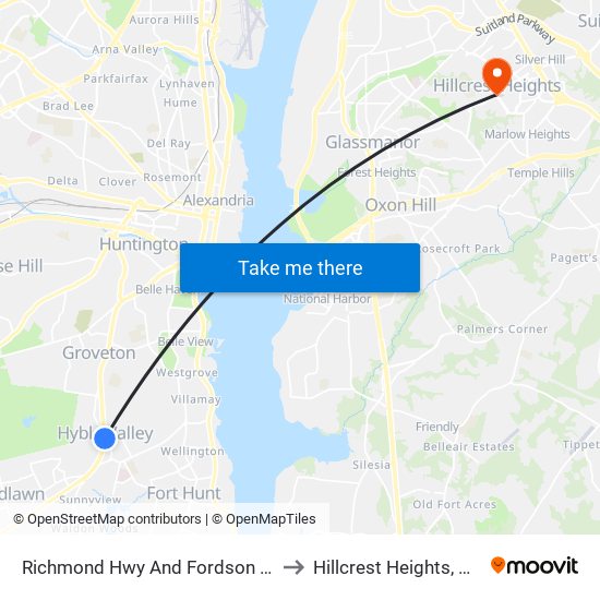 Richmond Hwy And Fordson Rd to Hillcrest Heights, MD map