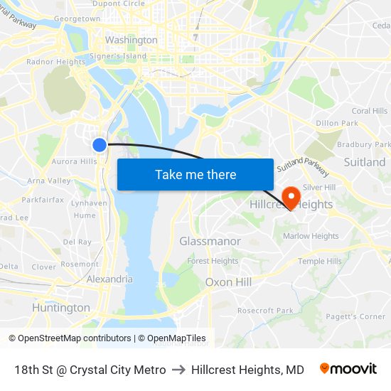 18th St @ Crystal City Metro to Hillcrest Heights, MD map