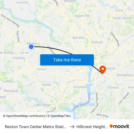 Reston Town Center Metro Station S Bay B to Hillcrest Heights, MD map