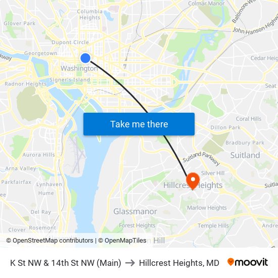 K St NW & 14th St NW (Main) to Hillcrest Heights, MD map