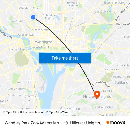 Woodley Park-Zoo/Adams  Morgan to Hillcrest Heights, MD map
