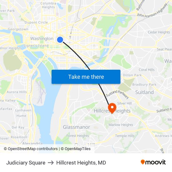 Judiciary Square to Hillcrest Heights, MD map