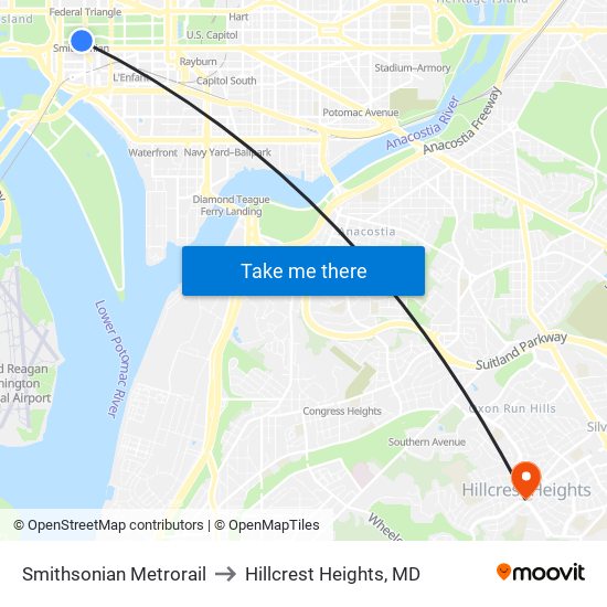 Smithsonian Metrorail to Hillcrest Heights, MD map