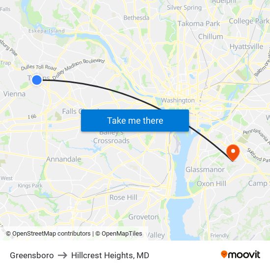 Greensboro to Hillcrest Heights, MD map