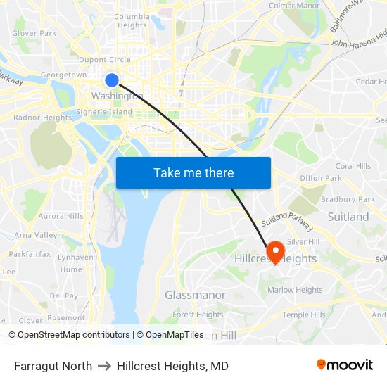 Farragut North to Hillcrest Heights, MD map