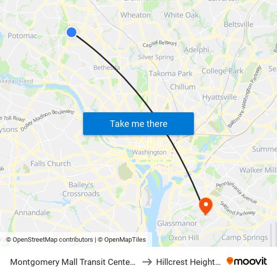 Montgomery Mall Transit Center & Bay B to Hillcrest Heights, MD map