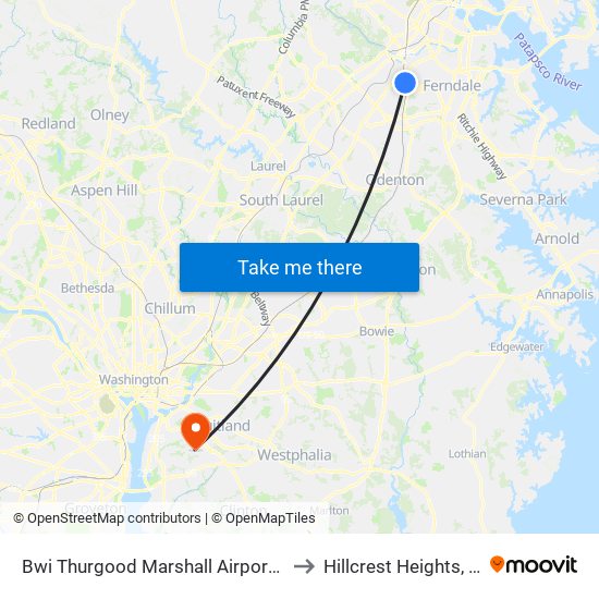 Bwi Thurgood Marshall  Airport, Md to Hillcrest Heights, MD map