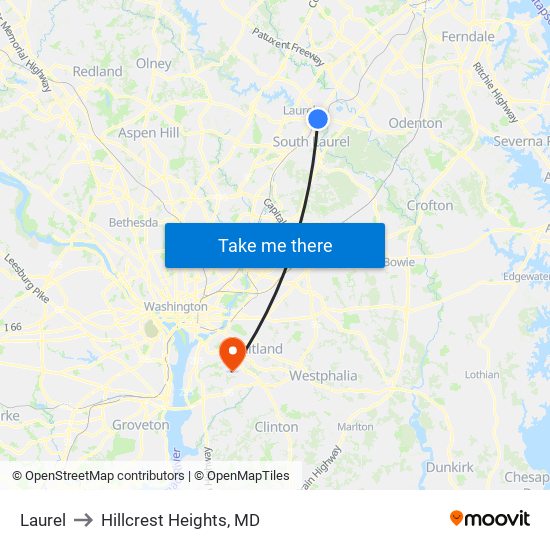 Laurel to Hillcrest Heights, MD map