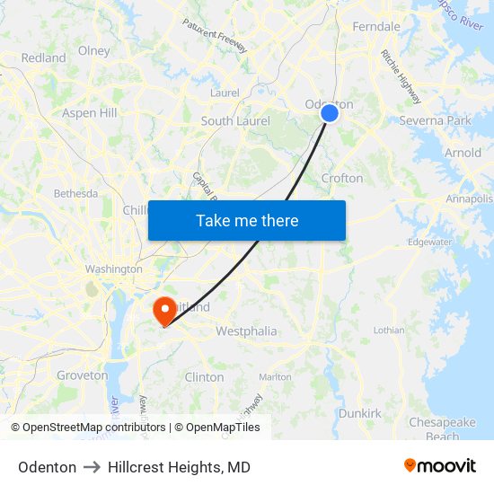 Odenton to Hillcrest Heights, MD map