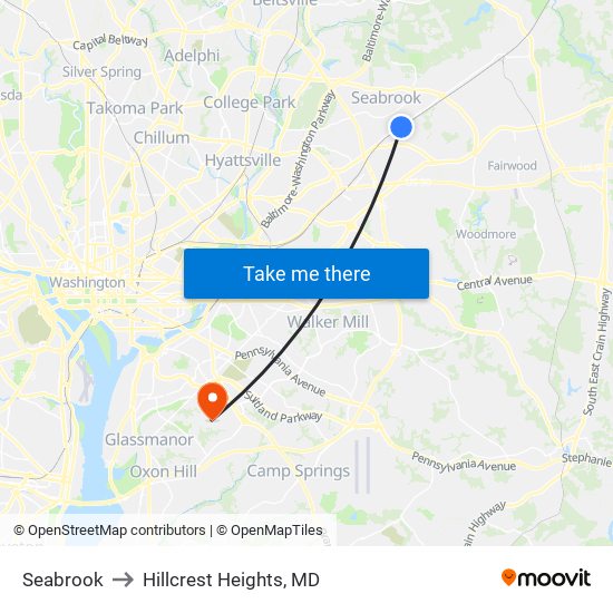 Seabrook to Hillcrest Heights, MD map