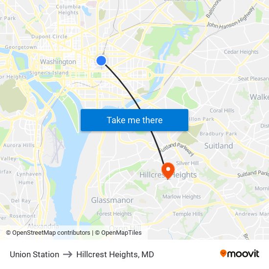 Union Station to Hillcrest Heights, MD map