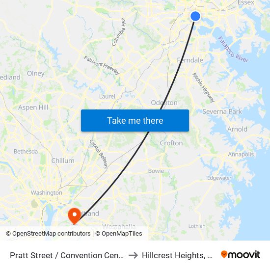 Pratt Street / Convention Center to Hillcrest Heights, MD map