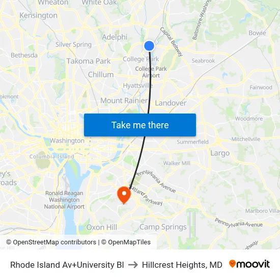 Rhode Island Av+University Bl to Hillcrest Heights, MD map