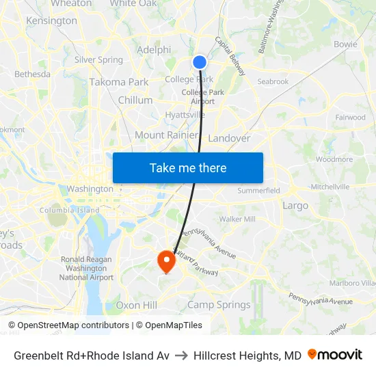 Greenbelt Rd+Rhode Island Av to Hillcrest Heights, MD map