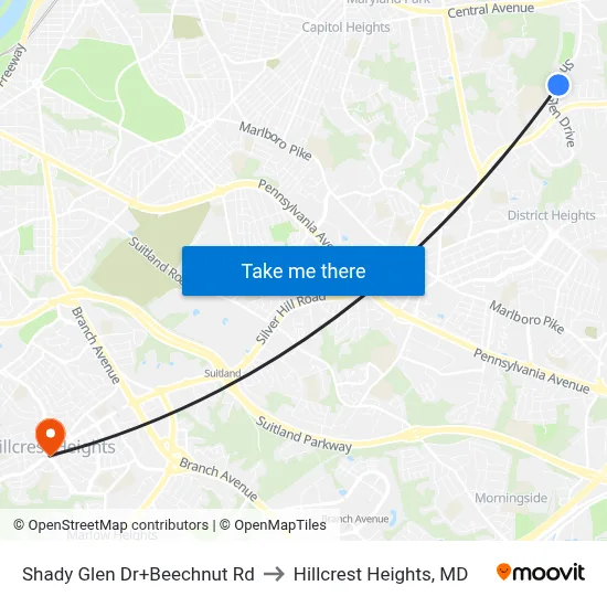 Shady Glen Dr+Beechnut Rd to Hillcrest Heights, MD map