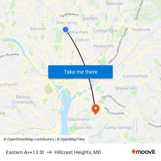 Eastern Av+13 St to Hillcrest Heights, MD map