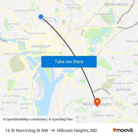 16 St Nw+Irving St NW to Hillcrest Heights, MD map