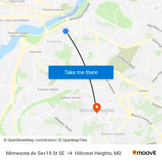 Minnesota Av Se+19 St SE to Hillcrest Heights, MD map