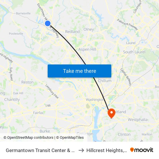 Germantown Transit Center & Bay B to Hillcrest Heights, MD map