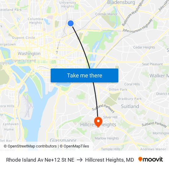 Rhode Island Av Ne+12 St NE to Hillcrest Heights, MD map