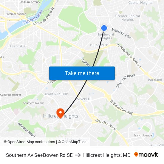 Southern Av Se+Bowen Rd SE to Hillcrest Heights, MD map