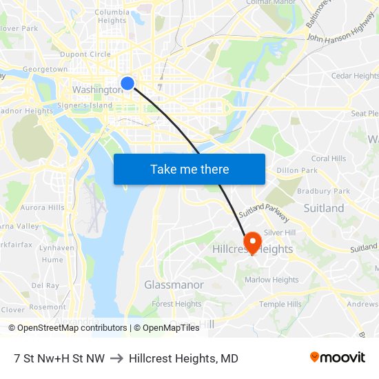 7 St Nw+H St NW to Hillcrest Heights, MD map