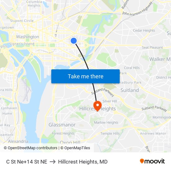 C St Ne+14 St NE to Hillcrest Heights, MD map