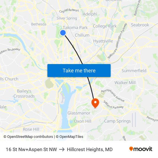 16 St Nw+Aspen St NW to Hillcrest Heights, MD map