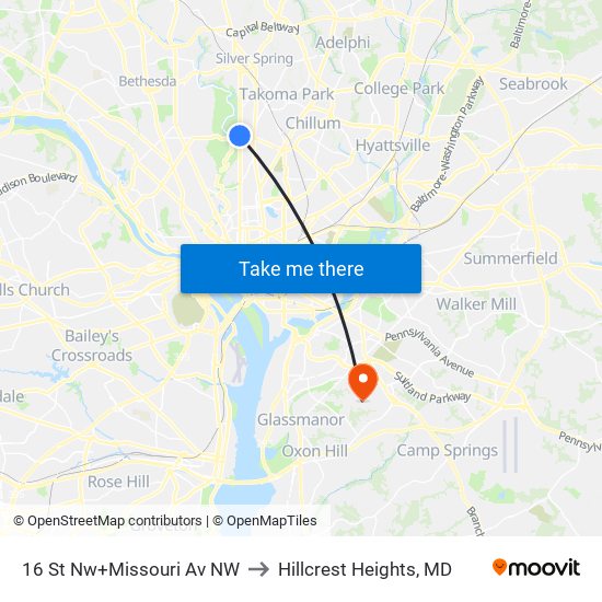 16 St Nw+Missouri Av NW to Hillcrest Heights, MD map