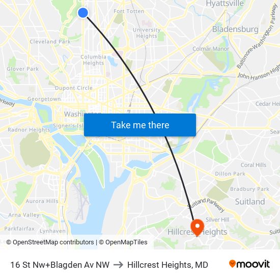 16 St Nw+Blagden Av NW to Hillcrest Heights, MD map